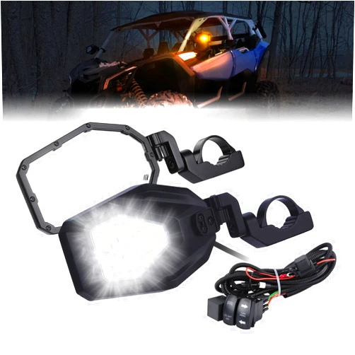 KEMIMOTO UTV Side Mirrors with LED Spot and Turn Signal Lights - Heavy Duty Aluminum Rearview Mirrors for 1.6-2 Inch Roll Bars Compatible with Polaris RZR Can-Am X3 Kawasaki Mule Teryx Pioneer Talon