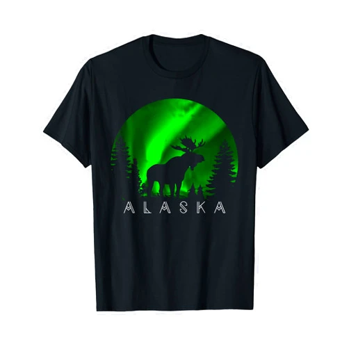 Alaska Day Moose Silhouette Shirts & Gifts Alaska Moose Aurora Borealis Alaskan Landscape Scene T-Shirt