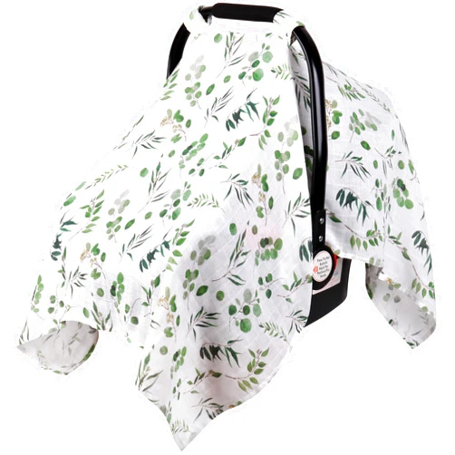 Rquite Car Seat Cover Baby, Carseat Covers Baby for Girl Boy, Muslin Cotton Infant Car Seat Cover, Lightweight Car Seat Canopy, Breathable Baby Carrier Cover, Summer Stroller Sun Shade, Leaf
