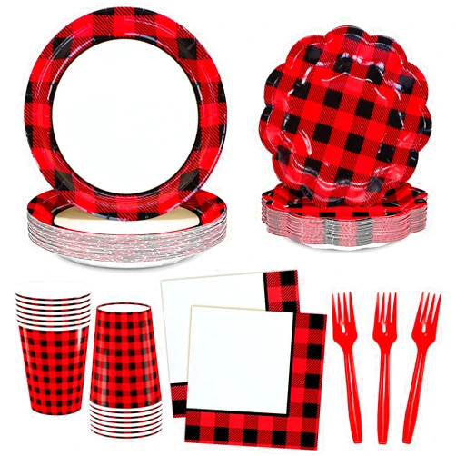 DYLIVeS Red and Black Buffalo Plaid Party Supplies, 9.2'' Checkered Dinner Paper Plates 7'' Dessert Plates, 6.5'' Napkins Cups Forks for Gingham Buffalo Birthday Picinc Easter Party, Serves 24