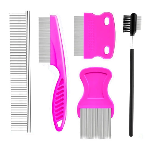 Jigfew 5 Pcs Pet Grooming Kit, Metal Comb For Dogs and Cats, Tear Stain Removal Comb, Flea Comb, Shedding Comb, Dematting Tool (rose red)