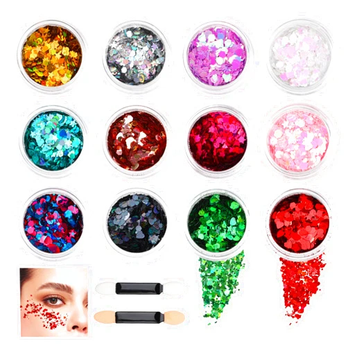 KALIONE 12 Jars Body Glitter Face Glitter Makeup Holographic Chunky Glitter Lasting Glitter for Crafts Mini Sequins Kit Craft Sequins for DIY Nail Glitter with 2 Pcs Sponge Makeup Brush(12 Colors Total 64g)