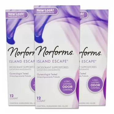 Norforms Feminine Deodorant Suppositories | Long Lasting Odor Control | Island Escape | 12 Count | Pack of 3