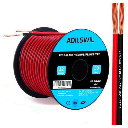 ADILSWIL Speaker Wire Cable 12 Gauge 50FT 12/2 AWG CCA Red Black Wire 2 Conductor Bonded Zip Low Voltage Wire DC 12V/24V Stereo Audio Light Car Wire CL2 Electrical Wire for Hookup and Extension