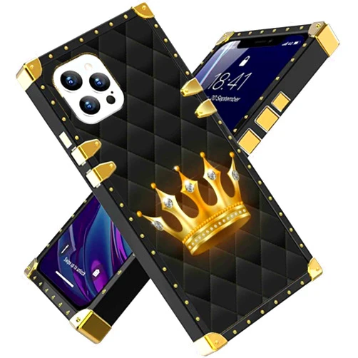 Stewing prerog Compatible with iPhone 14 Pro Max Square Case, Gold Crown Glitter Diamond Luxury Golden Decoration for iPhone Case Girls Women, Soft TPU and Hard PC Back Trendy Protective Cover Case for iPhone