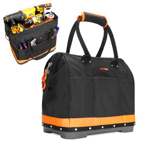 WISEPRO Wide Mouth Tool Bag, 16 Inch Heavy Duty Tool Bag with Waterproof Plastic Bottom, Multiple Purpose for Plumbers, Electricians, Handymen