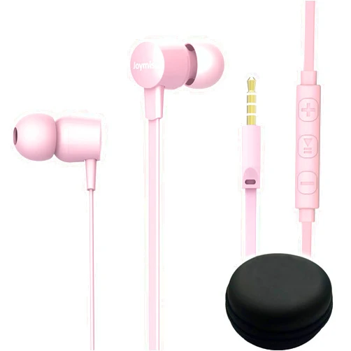 MOXKING Joymiso Tangle Free Earbuds for Kids Women Small Ears with Case, Comfortable Lightweight in Ear Headphones, Flat Cable Ear Buds Wired Earphones with Mic and Volume Control for Cell Phone Laptop (Pink)