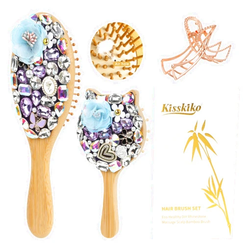 KISSKIKO Bamboo Hair Brush Set for Women | Crystal Zircon Inlay Massage Scalp Unique Eco Large | Small Hairbrush - Gentle Stylish Suitable All Hair Types and Occasions