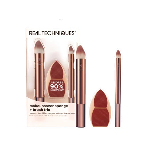 Real Techniques Makeupsaver Sponge + Brush Trio, Makeup Blending Sponge & Brushes For Liquid & Cream Foundation, Natural Finish & Reduces Makeup Waste, Cruelty & Latex-Free, 3 Piece Set