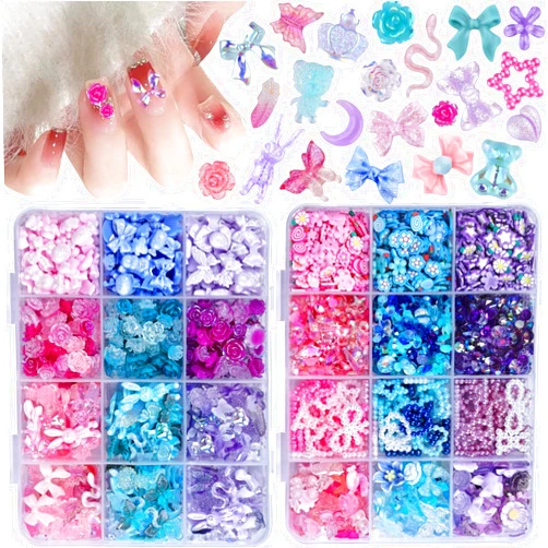 EditTime Mixed Style Fashion 3D Nail Art Charms Kit Resin Camellia Rose Flower Butterfly Bow Moon Heart Bear Snake Hollow Pearl with Rhinestones and Soft Slice (Pink Purple Blue)