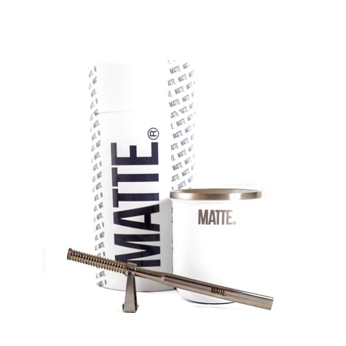 Matte Mate Cup Set, Yerba Mate Cup/Gourd (6 Ounces) and Bombilla (Yerba Mate Straw). Stainless Steel, Double-Walled, Elegant Design. Premium Quality Box (White)