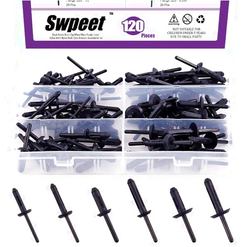 Swpeet 120Pcs 6 Different Sizes Black Nylon Universal Pop Rivet Assortment Kit, Plastic Rivet Clip Nylon Rivets for Jeep Wrangler 07-15, Chrysler 300 99-10, Dodge Avenger 08-14, Nylon Fastener