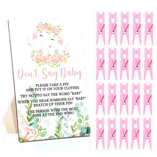Unittype 51 Pcs Don't Say Baby Shower Game Favors Include Pink Elephant Theme Baby Shower Sign and 50 Mini Elephant Clothespins for Boys Girls Gender Reveal Party Supplies