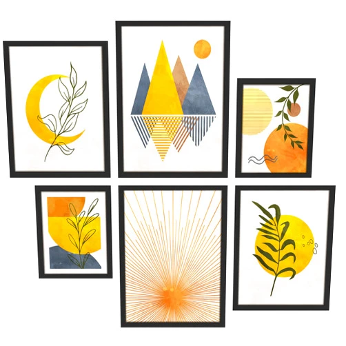 SIGNWIN Framed Wall Art Collage Print Gallery Set of 6 Crescent Moon, Plants, Polygon Mountains Abstract Shapes Illustrations Modern Art Decorative for Living Room, Bedroom, Office - 40