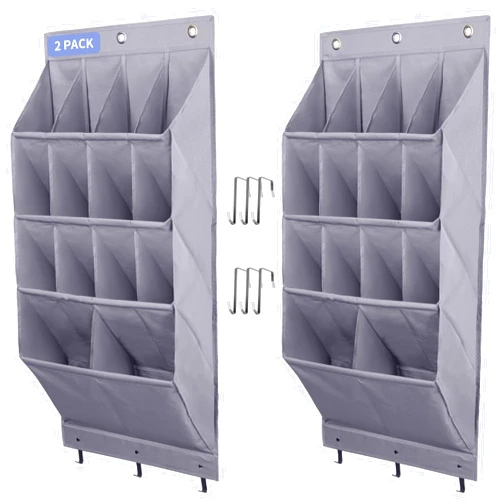 FENTEC 2 Pack Over the Door Shoe Organizer, Hanging Shoe Organizer Rack,24 Large Pockets and 4 Larger Storage Various Compartments with 6 Hooks, Home Accessories, Grey