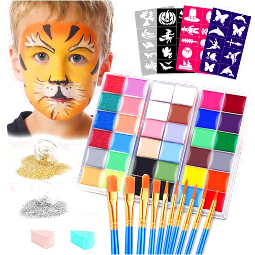 VESPRO Face Painting Kit For Kids Party,32 Colors Professional Oil Face&Body Paint Kit with 10 Brushes 4 Reusable Face Stencils,2 Glitters and 2 Sponges for Kids and Adults Halloween Makeup