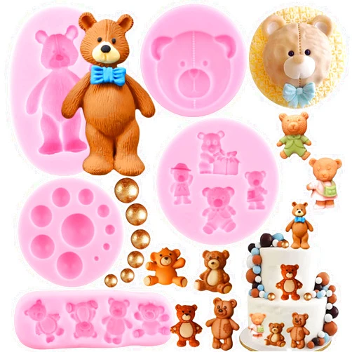 Zixiang 3D Pearl Fondant Mold Bear Silicone Fondant Mold Ball Pearl Semi Sphere Chocolate Molds For Teddy Bear Cake Decorating Cupcake Topper Candy Lollipop Polymer Clay Gum Paste Set Of 5