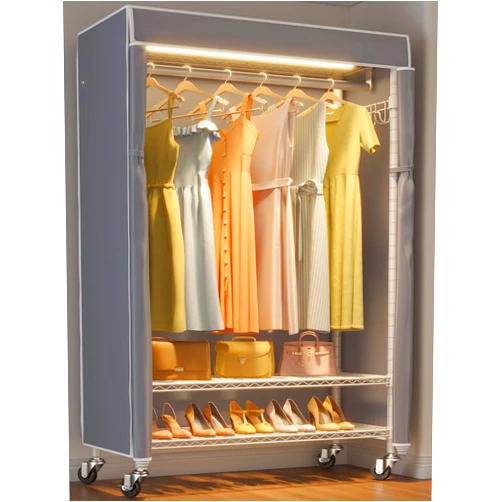VIPEK R1L Clothes Rack with Cover, Heavy Duty Garment Rack with Dimmable LED Lights, Rolling Portable Closet for Hanging Clothes Metal Clothing Rack with Wheels, White Rack with Grey Cover
