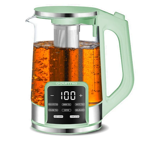Gourmia Electric Glass Kettle – 1.7L Programmable Tea & Coffee Brewer with Digital Touch Display, 6 Presets, Removable Stainless Steel Infuser, Cordless with 360° Swivel Base, Green
