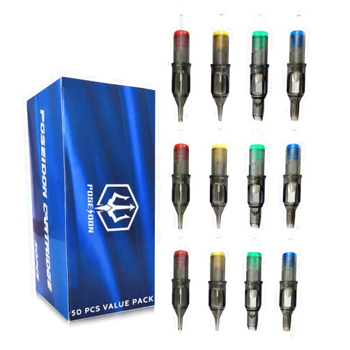 UPTATSUPPLY Poseidon Tattoo Cartridge Needles 50Pcs Assorted Mixed Size Round Liner Shader Magnum Curved/Round Mag 5rl 7rl 9rl 5rs 7rs 9rs 15m1 21m1 15cm 21cm Disposable Membrane Tattoo Needles