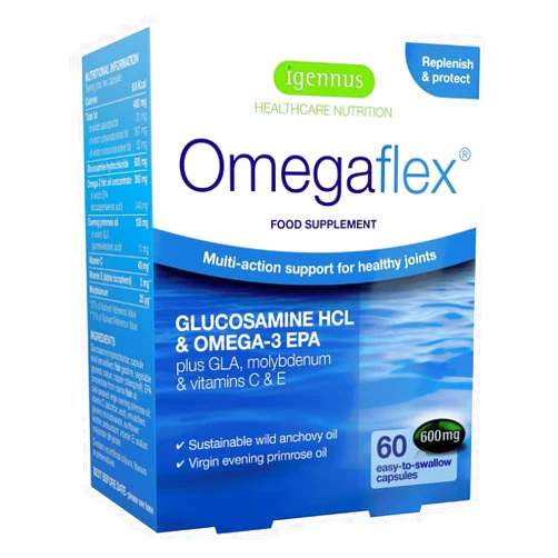 Igennus Healthcare Nutrition Omegaflex Glucosamine with High Strength Fish Oil, Virgin Evening Primrose Oil, Vitamin C & E, Joint Health Support, with Omega-3 & 6, 70% Concentration High EPA Fish Oil, 60 Softgels