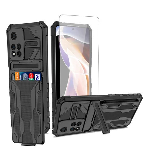 Asuwish Phone Case for Xiaomi Redmi Note 11 Pro 4G/5G with Tempered Glass Screen Protector Cover and Slim Credit Card Holder Stand Kickstand Cell Accessories Redme Note11 11E 11Pro Women Men Black