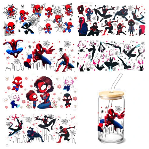 Shiomay 6 Sheets UV DTF Cup Wraps Transfer Stickers for Glass, Cartoon Cup Wraps Decal Stickers for Tumbler Cups (Red Hero)