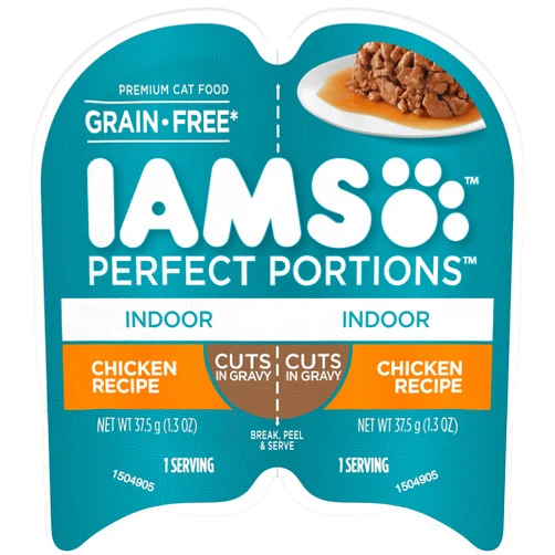 IAMS PERFECT PORTIONS Indoor Adult Grain Free* Wet Cat Food Cuts in Gravy, Chicken Recipe, (24) 2.6 oz. Easy Peel Twin-Pack Trays