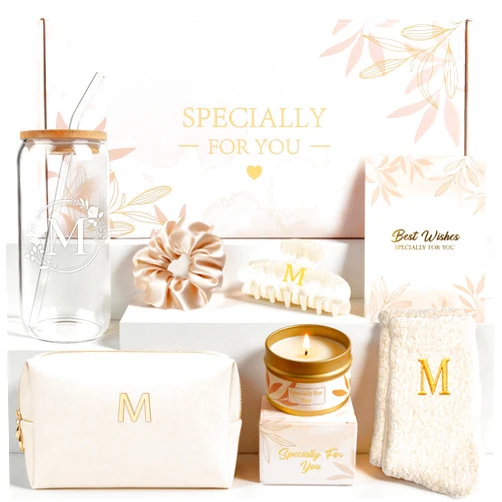 Giftota M Personalized Gifts for Women - Initial Cute Hair Clips + Glass Cups w/Lids Straws, Makeup Bag Monogrammed Gifts for Women，Unique Ideas Birthday Gift for Her, Christmas & Bridesmaid Gift