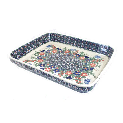Blue Rose Pottery Blue Rose Polish Pottery Garden Butterfly Large Rectangular Baker
