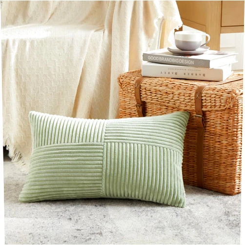 Fancy Homi Sage Green Lumbar Decorative Throw Pillow Covers 12x20 Inch for Living Room Couch Bed, Rustic Farmhouse Boho Home Decor, Soft Striped Corduroy Rectangle Accent Cushion Case 30x50 cm