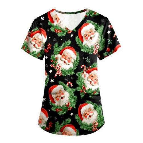 NAMTYQX Christmas Scrub Tops for Womens Breathable Santa Claus Print Nurse Uniform V-Neck T-Shirts Tree Snowman with Pockets
