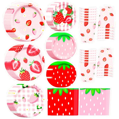 Jengaer 120PCS Strawberry Birthday Decorations, 7 and 9 Inch Strawberry Paper Plates, Cups, and Napkins Tableware Set for Summer Baby Shower Sweet Berry First Birthday Decorations Party Supplies, Serve 30