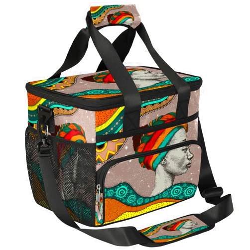 Funky Qiu Insulated Cooler Lunch Bag,African Woman American Reusable Lunch Box for Office Picnic Work School,Leakproof Large Cooler Tote Bags for Adult Men Women