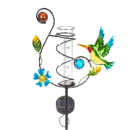 HOBYLUBY 35'' Hummingbird Rain Gauge Outdoor - Solar Rain Gauges with LED Light for Yards, Lawns, Pathway, Patio (Colorful)