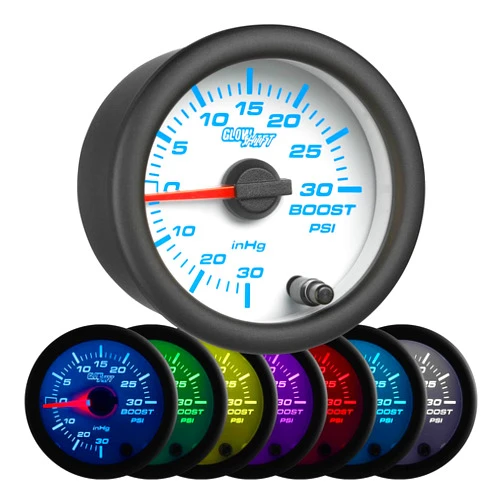 GlowShift White 7 Color 30 PSI Turbo Boost/Vacuum Gauge Kit - Includes Mechanical Hose, T-Fitting & Wiring - Multi-Color Display - White Dial - Clear Lens - for Car & Truck - 2-1/16