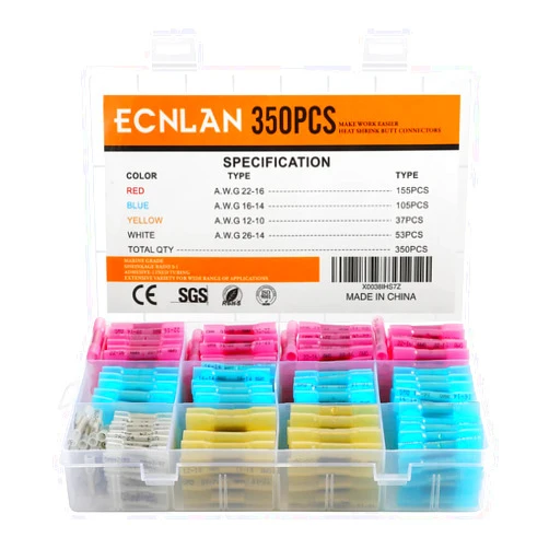 ECNLAN 350PCS Heat Shrink Butt Connectors - ECNLAN Insulated & Waterproof Wire Connector Kit for Marine Automotive Motorcycle Electrical