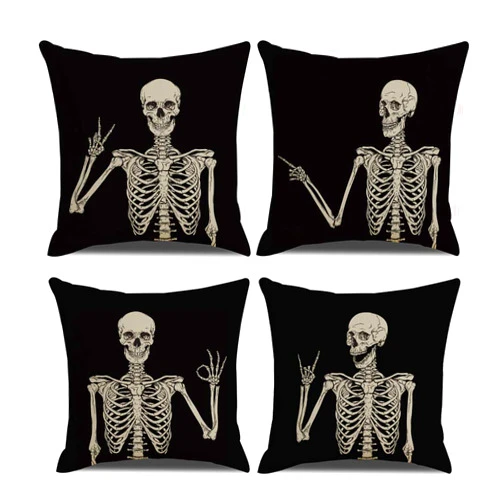 AFEHO Skeleton Throw Pillow Covers 18x18, Black Skull Outdoor Accent Pillows Case, Decorative Pillow Covers Set of 4, Gothic Cushion Case for Couch Sofa Bed Car Chair Living Room