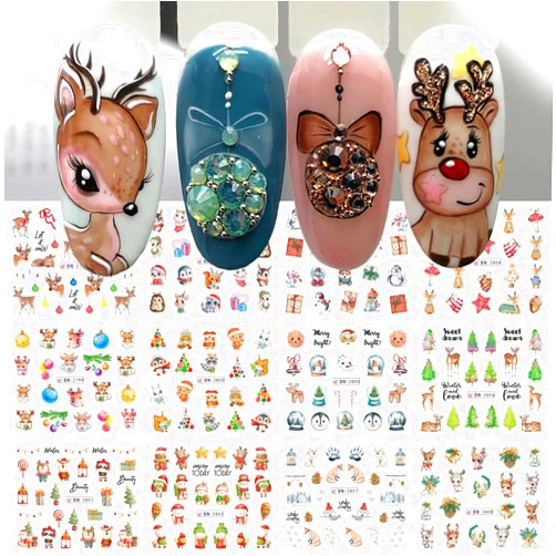 KOLONAMS Christmas Nail Art Stickers Decals Snowflake Water Transfer Slider Nail Foils for Christmas Nail Art Supplies Cartoon Santa Claus Elk Gift Polar Bear Winter Design DIY Manicure Tips Stickers for Nails
