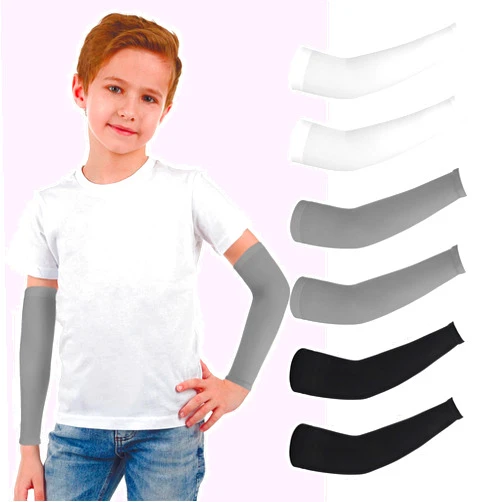 Vin Beauty 3 Pairs Kids Arm Sleeves, UV Sun Protection Arm Sleeves for Men Women Upf 50 Compression Cooling Sleeves Outdoor Sport Breathable Elastic Ice Sleeve for Youth Boys Girls Sports (Black White Grey)