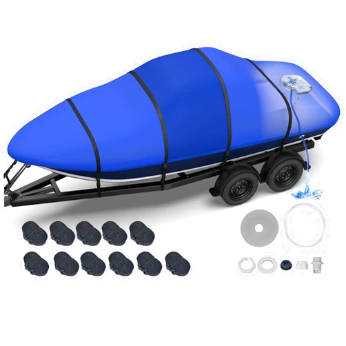 Fonzier Boat Cover 17-19ft, Heavy Duty 1400D Middle Reinforced Waterproof Polyester Canvas, Trailerable Boat Cover with Fast Drainage Kits Fit 17-19ft V-Hull/Tri-Hull/Runabout/Bass Boat, Blue