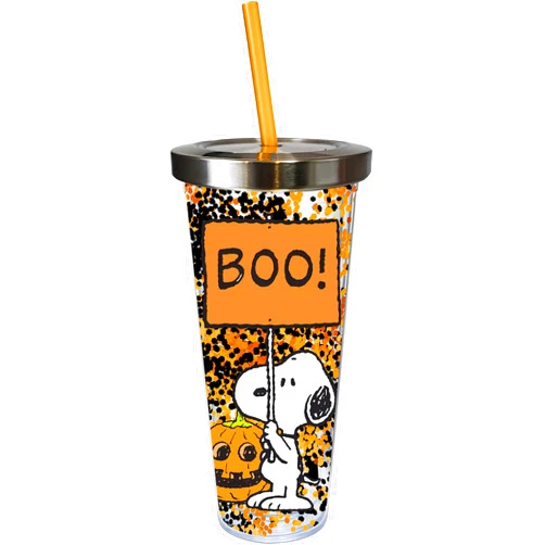 Spoontiques - Glitter Filled Acrylic Tumbler - Glitter Cup with Straw - 20 oz - Stainless Steel Locking Lid with Straw - Double Wall Insulated - BPA Free - Peanuts Halloween Drinking Cup