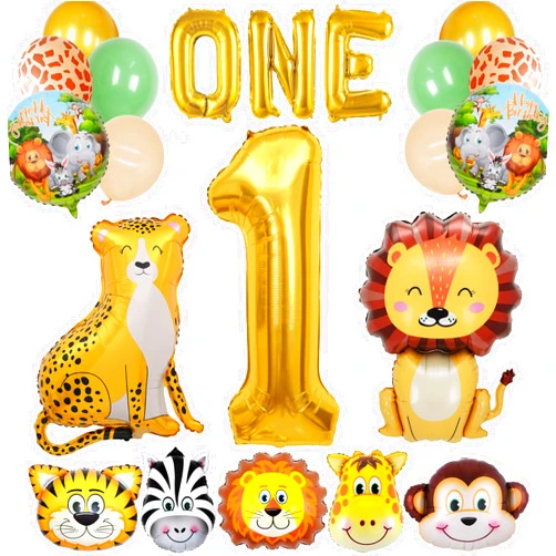 AODESAI 21PCS Jungle Safari Animals Balloons Lion Leopard Monkey Zebra Tiger Foil Balloons Wild One Safari Zoo Jungle Theme Party Wild Number 1 ONE Baby Shower Boy Girl 1st Birthday Decor Supplies (1st)
