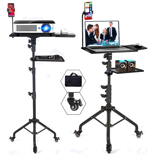 Asltoy Projector Tripod Stand with Wheels Adjustable Height Laptop Tripod Stand Treadmill Laptop Stand with 2 Shelves Phone Holder Projector Tripod Music Stand Office Home Portable Laptop Floor Stand