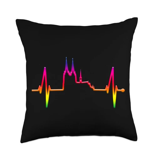 Cologne Skylines For Carnival In Kölle Cologne Skyline Heartbeat Rainbow Pride Heart Love Köln Throw Pillow, 18x18, Multicolor