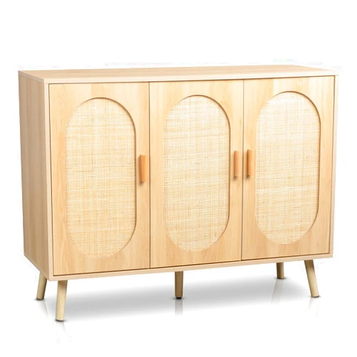 QQchickchicky Modern Rattan Shoe Storage Cabinet with 3 Doors and Adjustable Shelves, Accent Cabinet for Living Room, Bedroom, Hallway