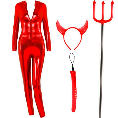 Haysandy Devil Costume Set Includes Red Bodysuit Devil Tail Devil Fork Glitter Devil Horns Headband (XL)
