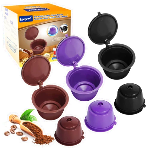 KEEPOW Reusable Coffee Capsules Compatible with Nescafe Dolce Gusto Machine, Refillable Coffee Pods 6 Pack (2 * Black + 2 * Brown + 2 * Purple)