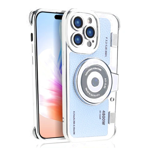 Losin Emily in Paris Phone Case Compatible with iPhone 13 Pro Case Cute 3D Vintage Camera Phone Case Handbag Lanyard Strap Plating Camera Protective PU Leather Cover for Women and Girls, Blue