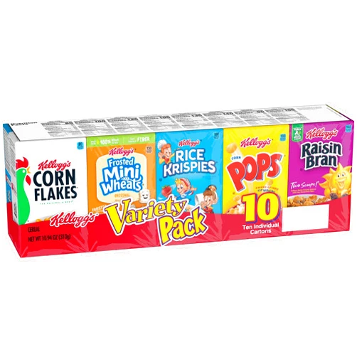 Kellogg's Breakfast Cereal Assorted Variety Pack, Corn Flakes, Frosted Flakes, Frosted Mini-Wheats Original, Raisin Bran, Froot Loops, Corn Pops, Rice Krispies, Special K Original, Single Serve, 10.94 oz (10 Count)